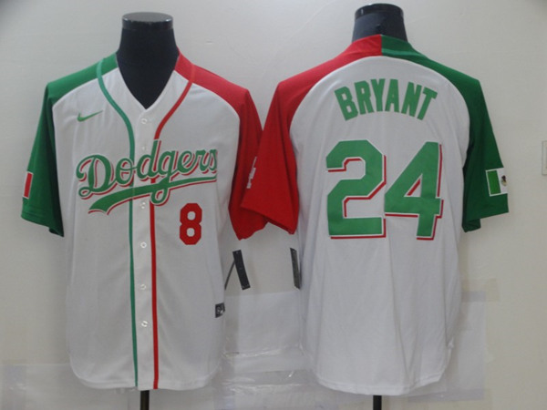 Men's Los Angeles Dodgers Front #8 Back #24 Kobe Bryant White Green Stitched MLB Jersey